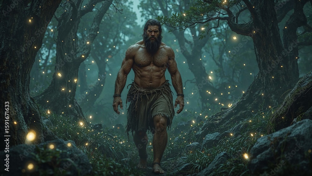 Fototapeta premium Walking bearded man wearing ragged skirt, wristbands in misty forest, with glowing orbs mossy roots
