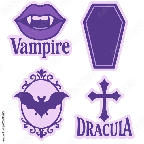 Gothic purple vampire lips, coffin, and cross vector set.