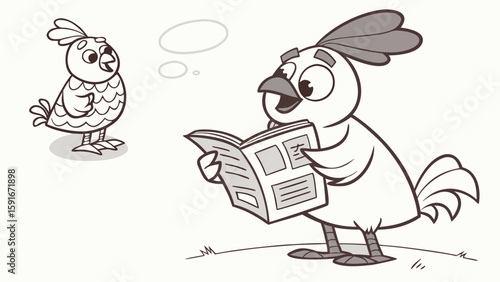 hen and rooster read the newspaper