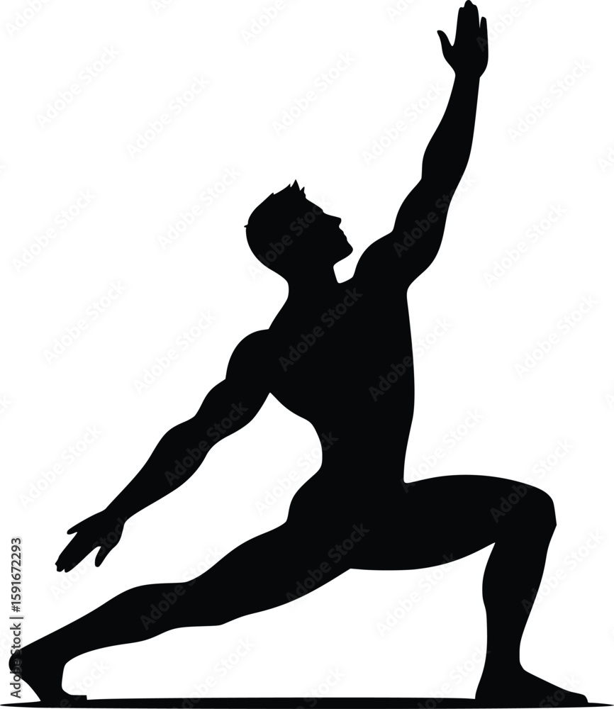 Fototapeta premium Man performing a warrior yoga pose with raised arm