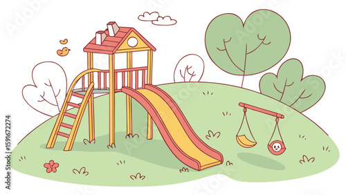 A colorful playground with a slide, swing, and playhouse vector