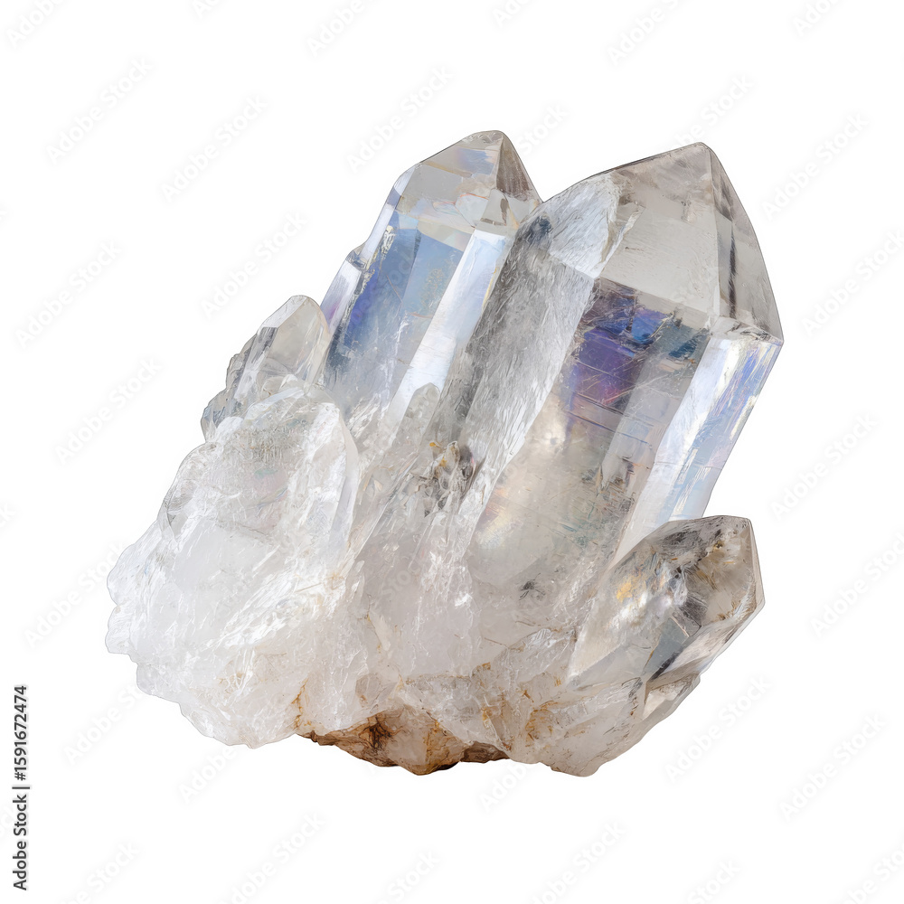 Fototapeta premium Isolated Clear Quartz Crystal Cluster on White Background for Natural and Mineral Photography