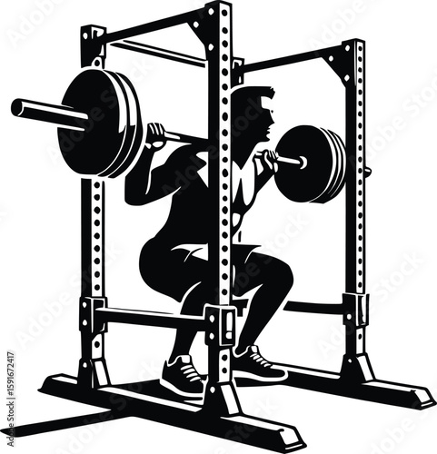Man performing a heavy squat exercise inside a power rack