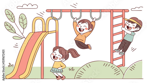 Children happily playing on playground equipment vector
