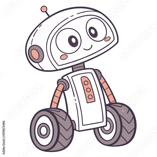 Cute robot with wheels, isolated on white background vector