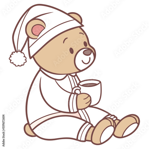 Teddy bear in pajamas and a nightcap holding a cup vector