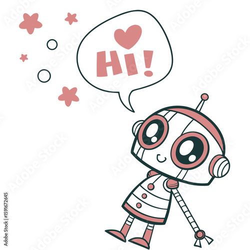 A cute robot says hello with a heart in a speech bubble vector
