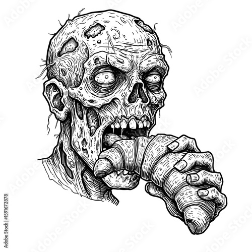 sketch Zombie eating an appetizing croissant, Halloween theme for cafes and bakeries – hand-drawn black and white vector illustration