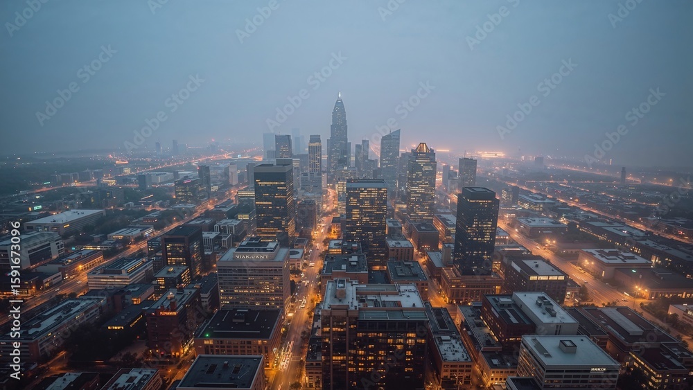 Obraz premium Glowing skyscrapers showing illuminated windows at twilight, showing streetlights and light trails