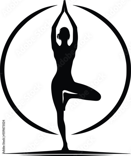 Serene Silhouette of a Yogi in a Tree Pose within a Circular Frame