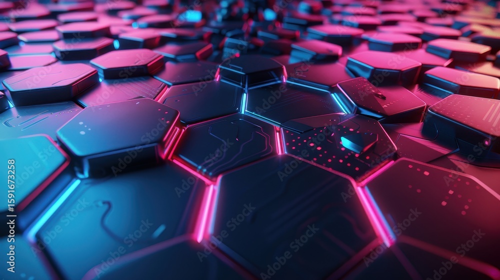 Obraz premium Futuristic Hexagonal Grid with Glowing Neon Lights Abstract AI Technology Background