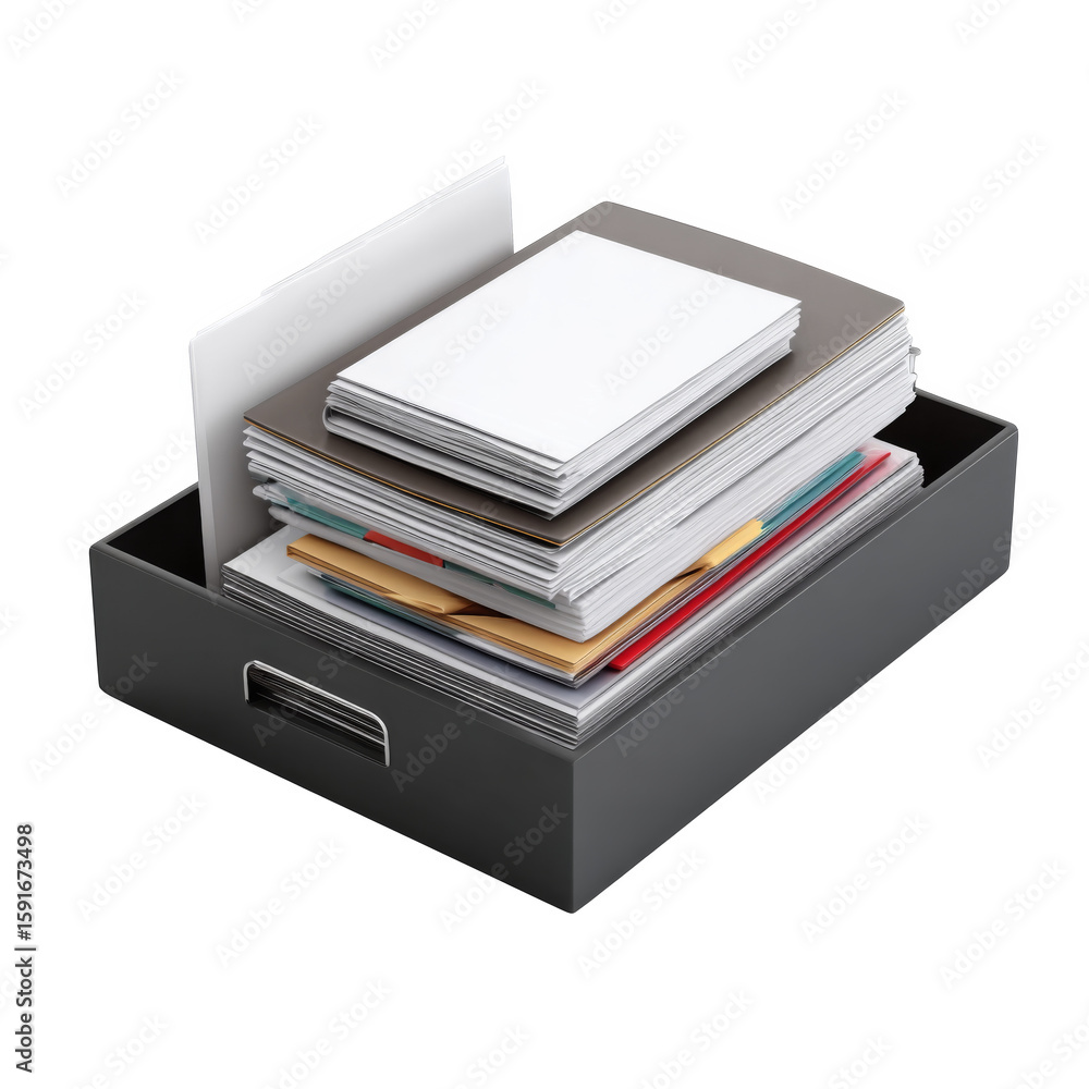 Isolated Document Tray with Assorted Papers on White Background for Office Organization and Storage Solutions Isolated Document Tray with Assorted Papers on White Background for Office Organization and Storage Solutions