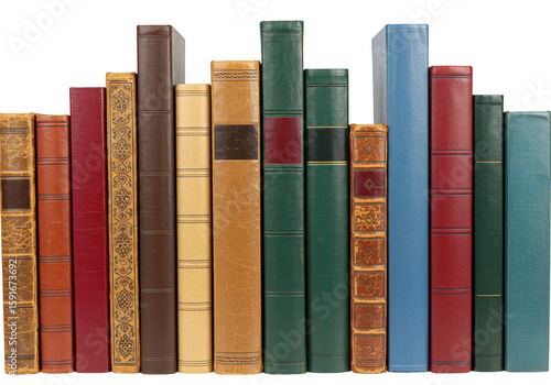 A row of vintage hardcover books with colorful spines standing upright isolated on a transparent background