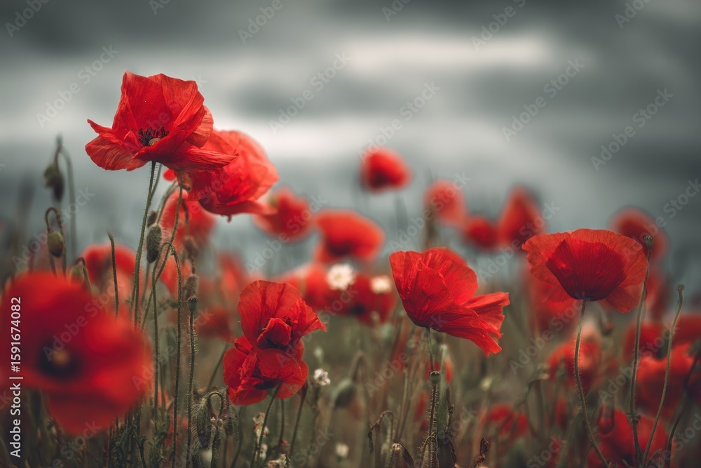 Obraz premium Red poppy field under a stormy sky