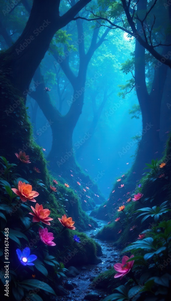 Obraz premium Glowing blue flora dominates alien jungle Lush, vibrant, otherworldly , background, bioluminescent