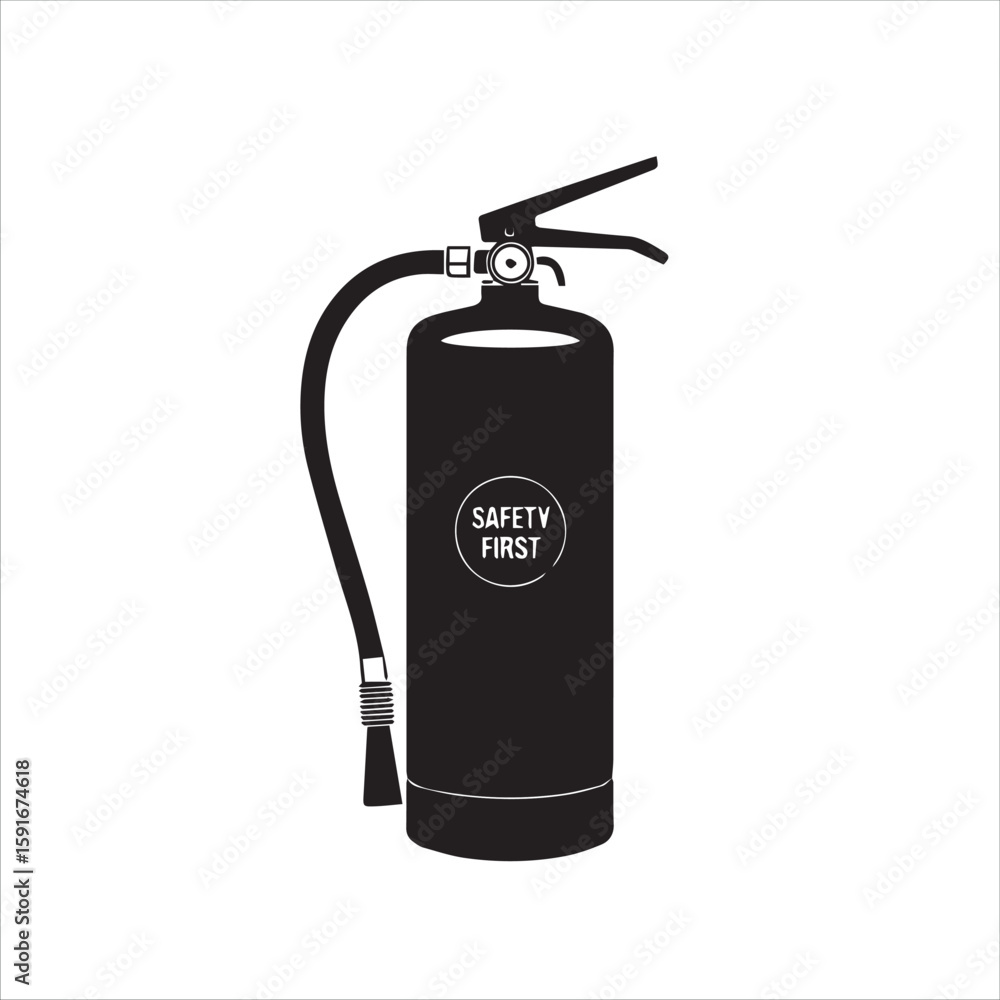 Obraz premium Black silhouette of a fire extinguisher with safety first label