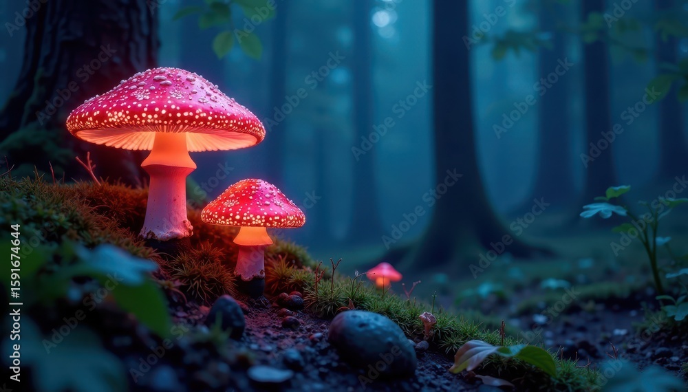 Fototapeta premium Glowing mushrooms and phosphorescent vines in deep woods, scenic, mushroom, forest