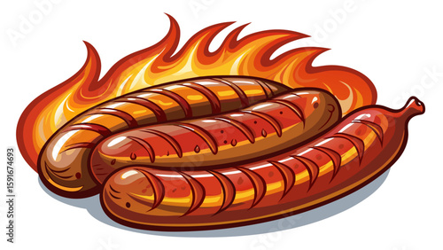 Grilled sausage links with a slight char line and juicy casing placed diagonally on white background. The reddish-brown glow adds flavor-rich realism to a traditional meat-themed vector piece.