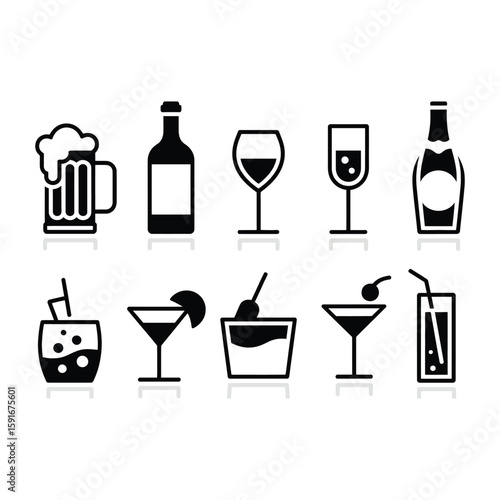Vector icons of diverse alcoholic drinks beverages for parties celebrations and occasions