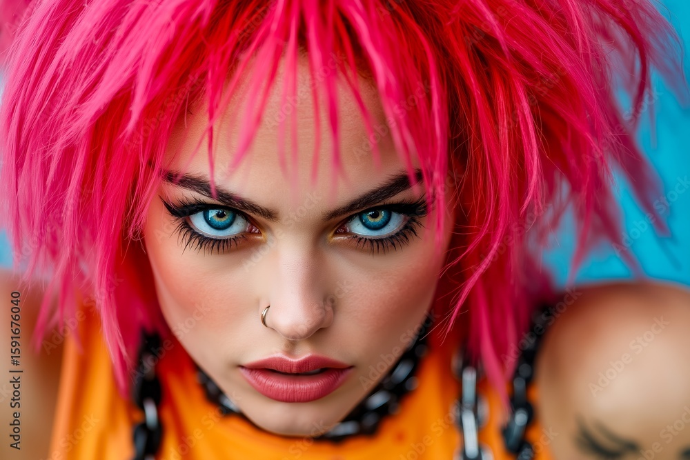 Obraz premium A woman with bright pink hair and blue eyes