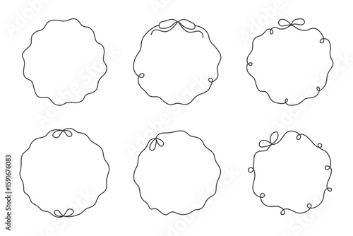 Circular Curly Line Frame Set with Bow. Hand drawn Sketchy Round Borders collection with tied knot and curl loop swirl elements. Vector illustration
