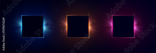 Set of vector glowing square frames in neon style on a dark background. For design and illustrations.