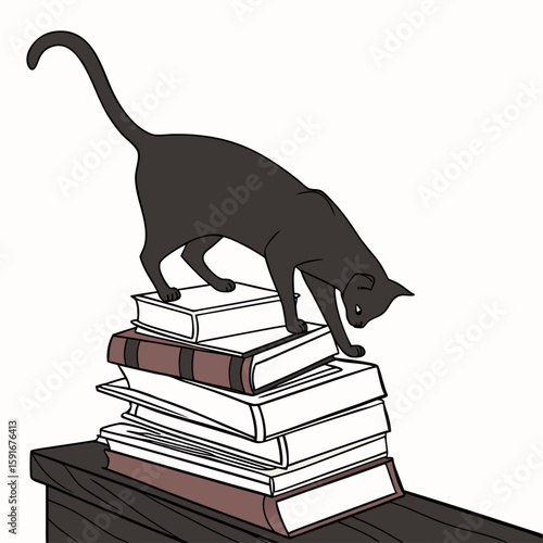 A playful feline and mouse illustration, a black cat silhouette isolated on a white background, or a domestic animal stacking