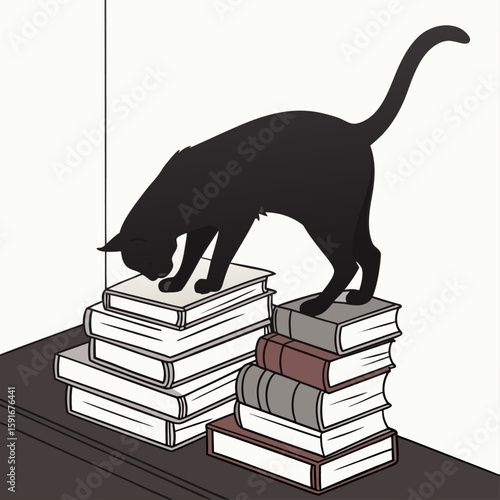 A cute black cat silhouette illustration sits on books, a purrfect vector outline for any feline mammal