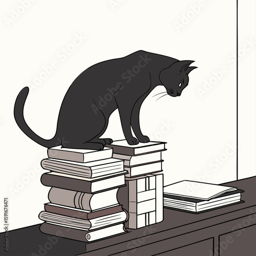 Vector illustration of a wild elephant with books, standing on a stack of books, showcasing the large mammal in nature