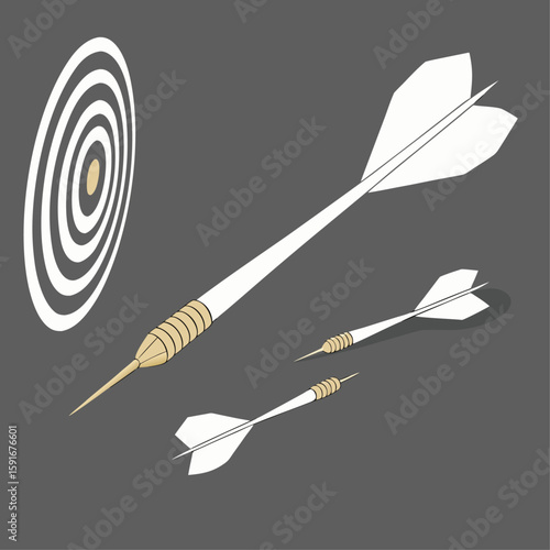 White feathered dart hitting the bullseye of a black and white target, a sharp metal object illustrating the concept of sport