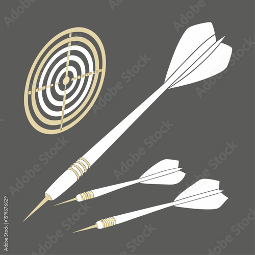 Isolated metal darts with black feather fletching striking a white target, symbolizing sport accuracy and success