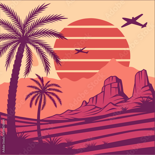 Tropical island oasis at sunset with palm trees, ocean, and sandy beach