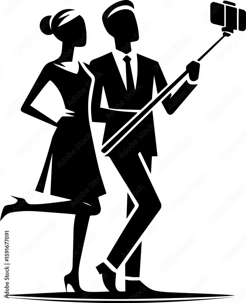 Stylish couple taking selfie with smartphone on selfie stick Stylish couple taking selfie with smartphone on selfie stick
