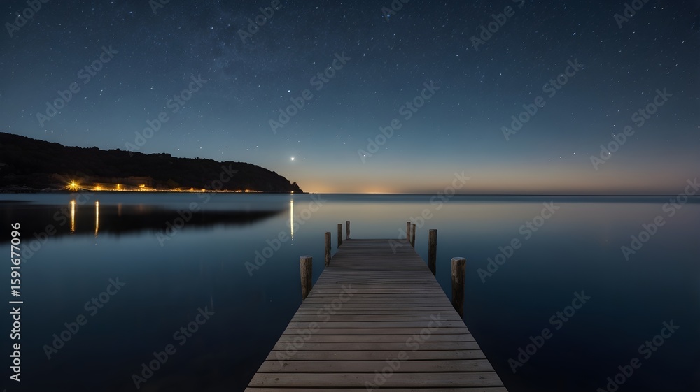 Fototapeta premium A wooden dock on a lake at night with the moon and stars in the sky 