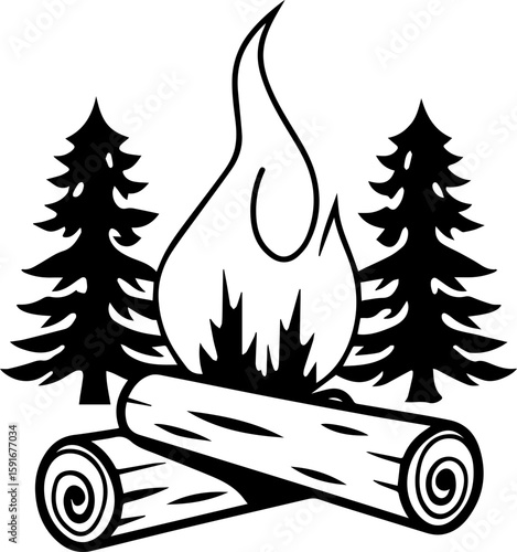 
Wooden forest glyph design, SVG with clean lines.Campfire Flames with Logs and Evergreen Trees in Forest