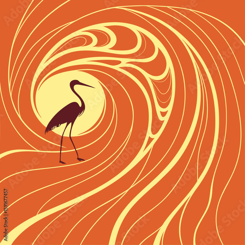 Abstract background with pink flamingo illustration, a wild bird silhouette with a beak and feather design