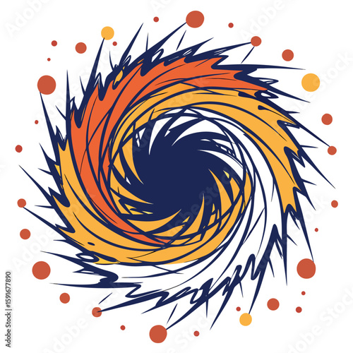 Abstract vector illustration featuring a colorful floral swirl pattern with tribal elements and a fiery sun silhouette