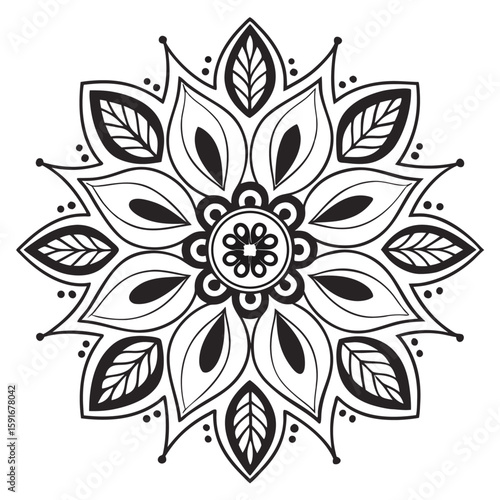 Abstract black and white floral ornament pattern with decorative sun and leaf elements for a vintage tattoo design