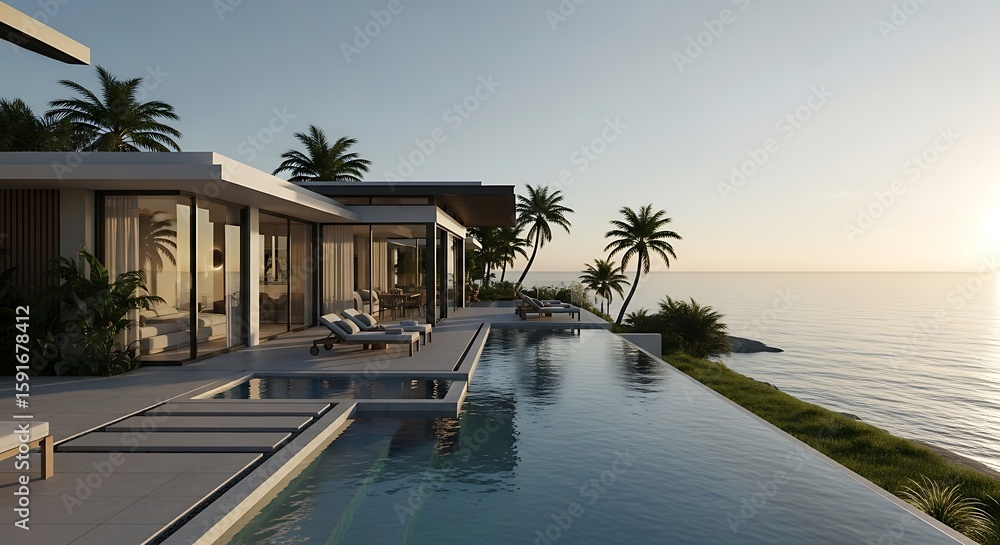 Fototapeta premium Luxury oceanfront villa with infinity pool and breathtaking coastal views at sunset