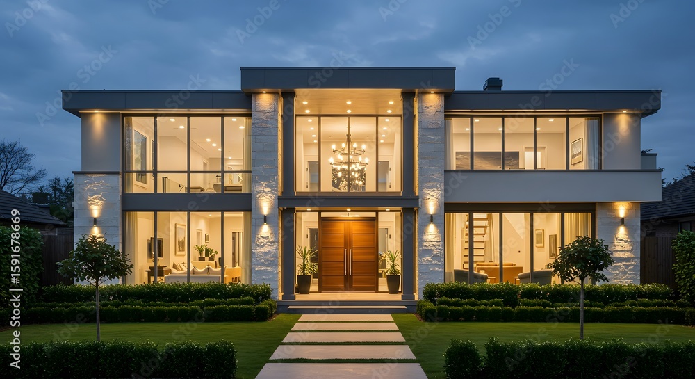 Obraz premium Modern Mansion at Twilight Luxurious Home with Contemporary Design and Illuminated Interiors, Creating an Elegant and Inviting Residence