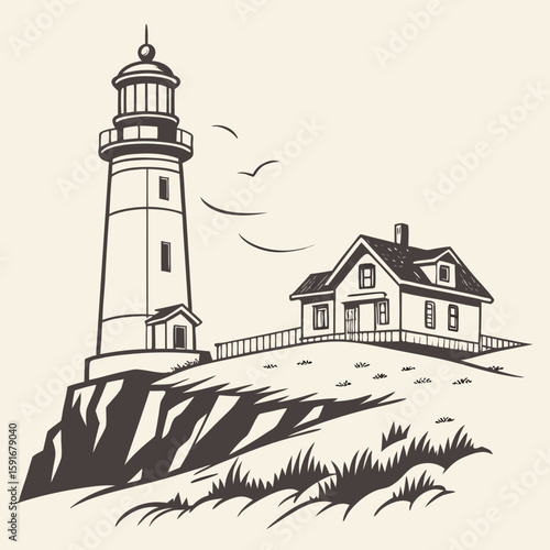A lighthouse and house stand on a cliff by the sea