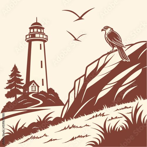 Seagull perched on a rock near a lighthouse by the sea