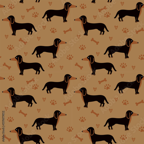 Cute dachshund illustration in seamless layout with warm earthy tones