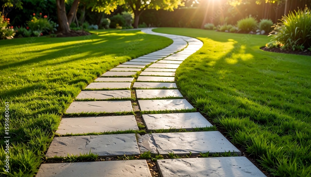 Obraz premium Winding path through a lush garden at sunset