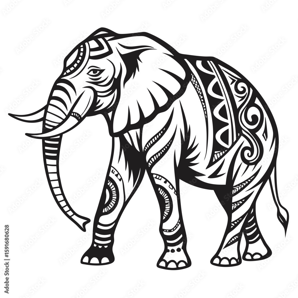 Fototapeta premium An ornate african elephant with tribal patterns walks