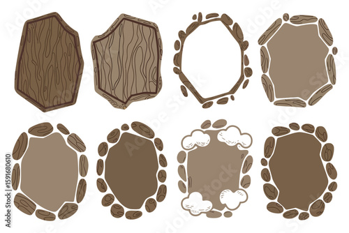 Set of vintage brown leather labels and tags with decorative frame borders, a retro vector illustration collection perfect for scrapbooking design