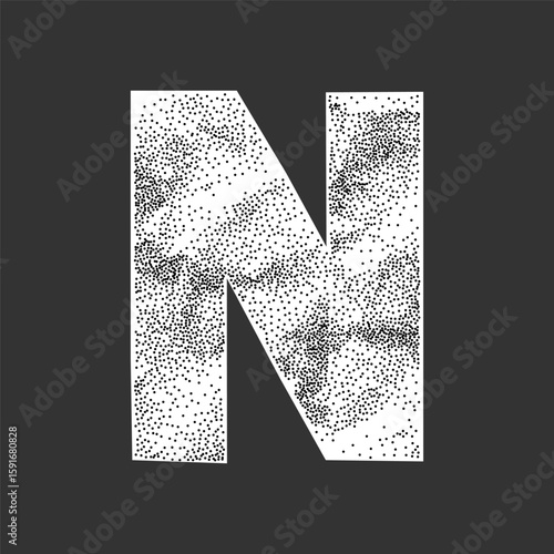 Stippled letter N with jagged paper edges. Crumpled collage element, ransom note inspired font, halftone grunge shading.