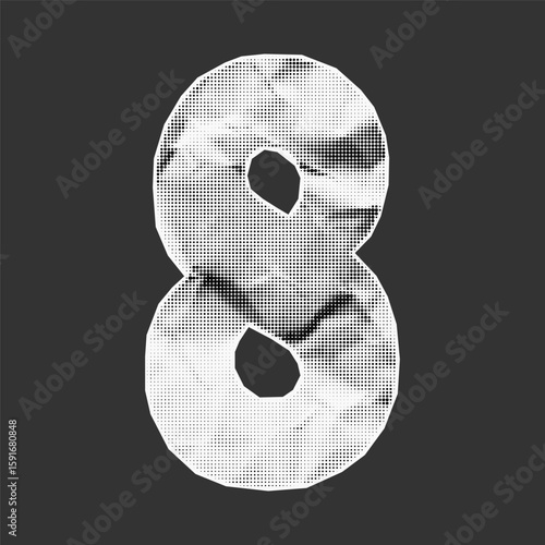 Number 8 from wrinkled paper with stipple halftone effect. Gritty dotted texture, ransom note style with a rough school cut aesthetic.