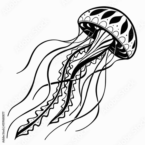 Stylized jellyfish illustration with flowing tentacles isolated on white background