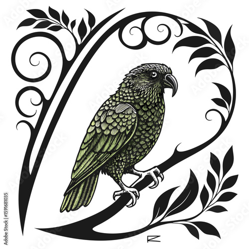 A detailed illustration of a green kea parrot on a branch